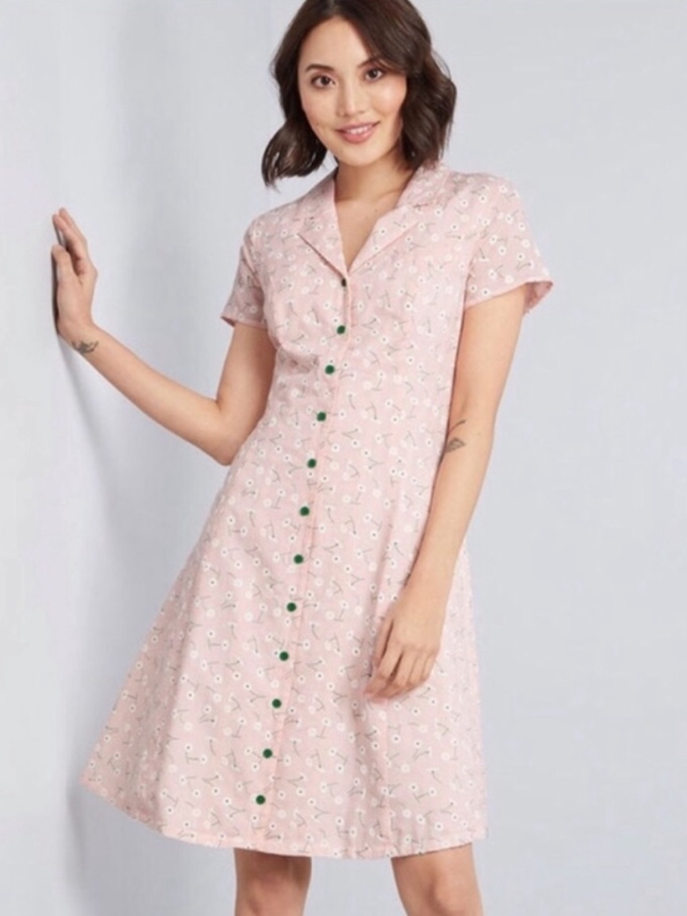 ModCloth Blush Pink Floral Button-Down Dress with Self Tie
